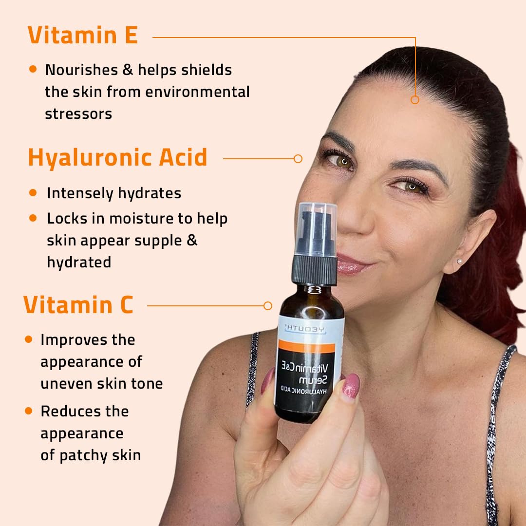 YEOUTH Vitamin C Face Serum with Vitamin E and Hyaluronic Acid, Hydrating Vitamin C Serum for Face, Targets the Appearance of Dull Spots 2oz