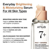 Thumbnail for Anua Rice Ceramide 7 Hydrating Barrier Serum, Moisturizing Face Serum, Non-comodogenic, Hyaluronic Acid, Niacinamide, Lightweight, Fragrance Free, Sensitive Dry Skin, Korean Skincare, 1.69 fl oz