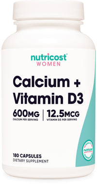 Thumbnail for Nutricost Calcium (600mg) + Vitamin D3 (12.5mcg) for Women, 180 Capsules - Vegan, Non-GMO, Gluten Free - 60 Servings