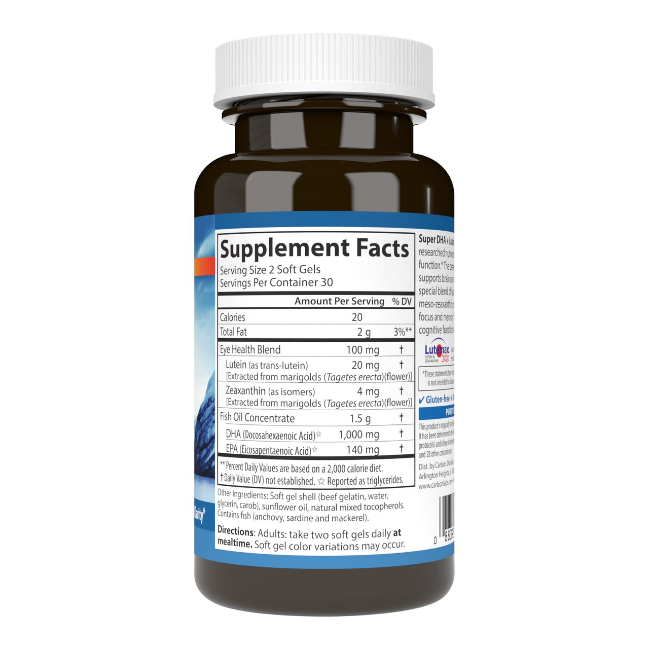 Carlson - Super DHA Plus Lutein, 1000 mg DHA + 20 mg Lutein, 60 Softgels