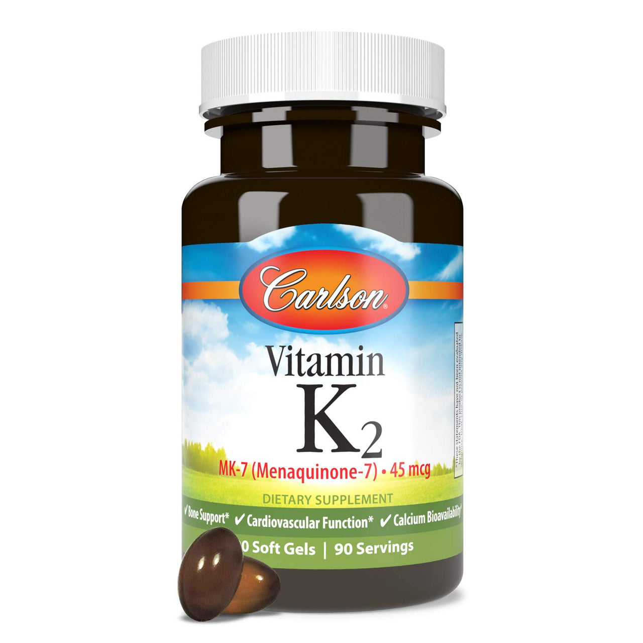 Carlson - Vitamin K2 MK-7 (Menaquinone), 45 mcg, Bone Support, Calcium Bioavailability, K2 Vitamin, Vitamin K-2, 90 Softgels