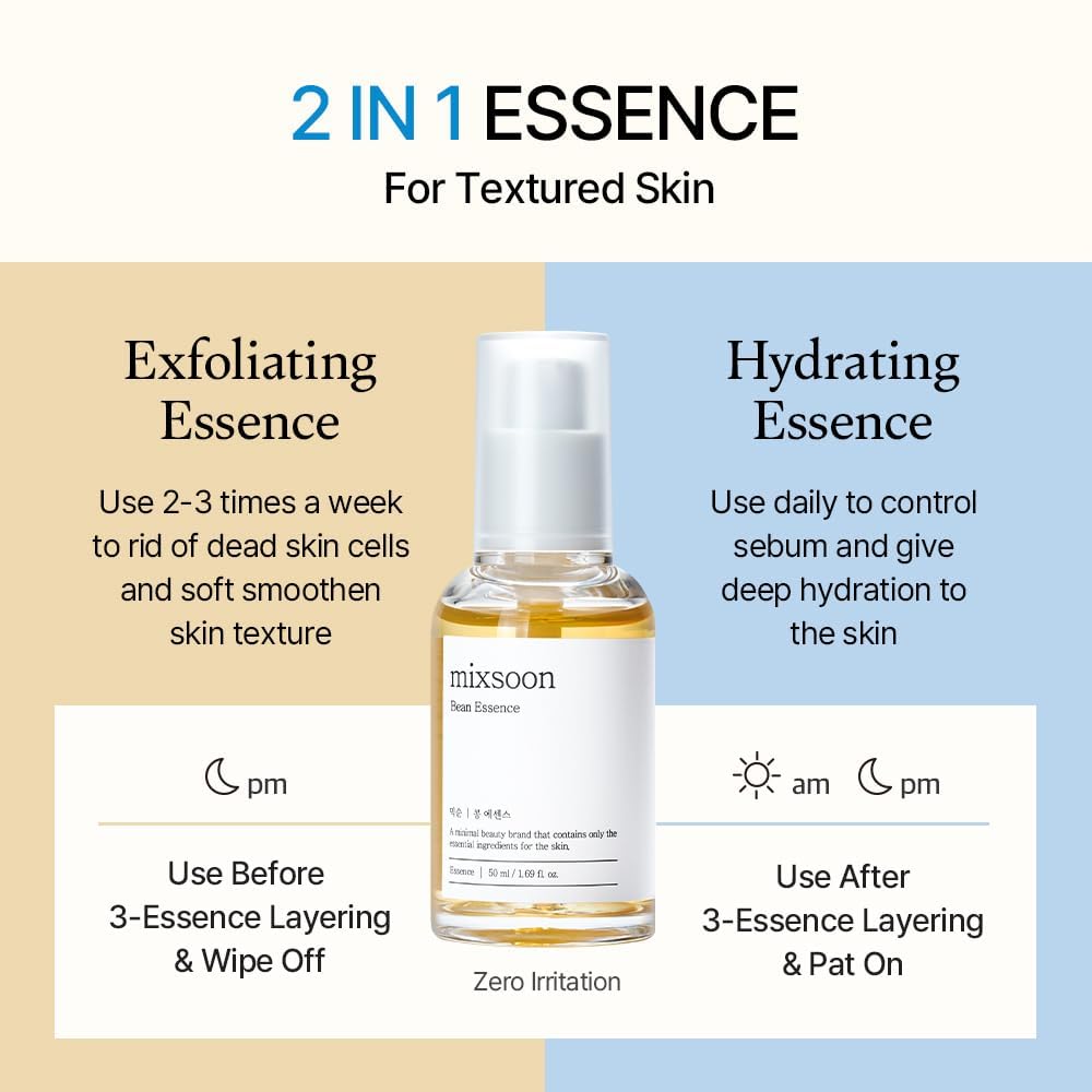 mixsoon Bean Essence Exfoliating, Snail Mucin Moisturizer for Hydrating, Fermented Bean Extract, Gentle Formula for Smooth Skin 50ml / 1.69 fl.oz. Korean Glass Skin Care