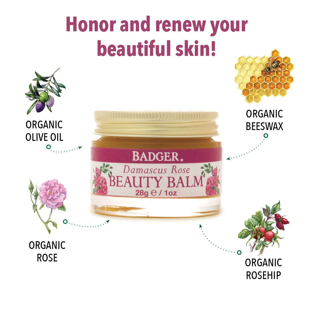 Badger Rose Beauty Balm, Intensive Moisturizer, 28 g/1oz