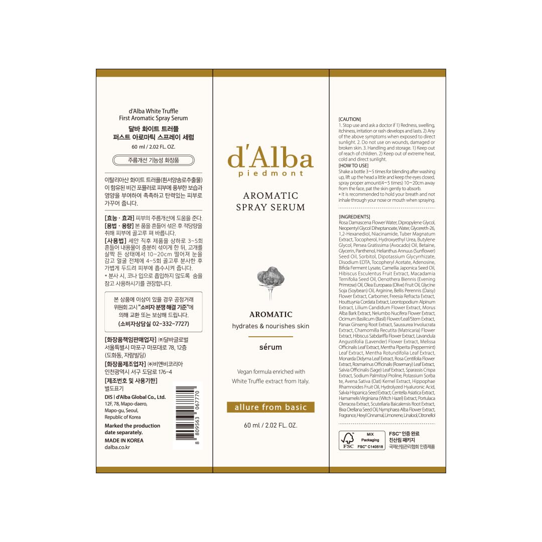 d'alba Piedmont Italian White Truffle First Aromatic Spray Serum, Fragrant VEGAN Glowy Antioxidant Face Mist, Deep Hydration Skin Firmness, Korean Skin Care (2.02 fl.oz)