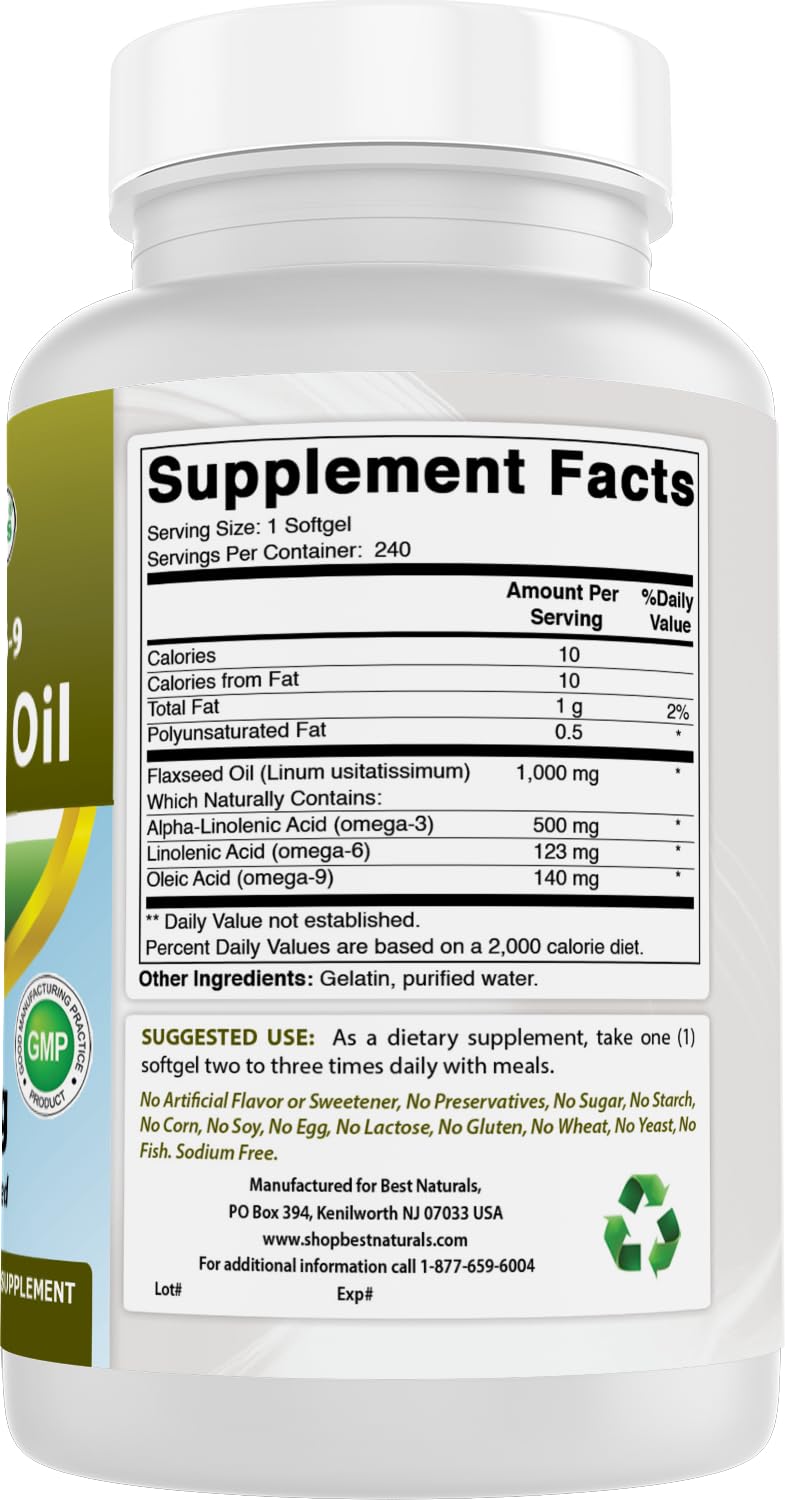 Best Naturals Flaxseed Oil 1000 mg 240 Softgels - Omega-3-6-9 for Heart Health