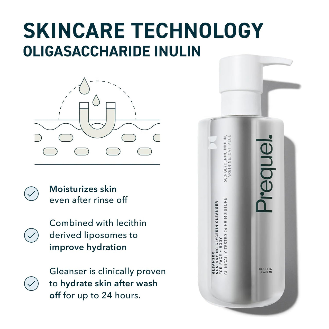 Prequel Gleanser, Moisturizing Glycerin Face Wash, Unscented Cleanser for Sensitive and Dry Skin, 6.75 fl oz Pump Bottle (Pack of 2)