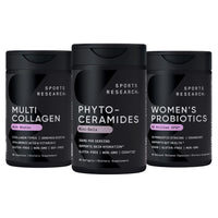Thumbnail for Sports Research® Supplements for Women Pack - Phytoceramides 350mg for Healthy Skin and Hydration + Biotin-Infused Collagen Peptides Complex + Women's Probiotics with Prebiotics