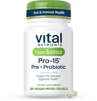 Thumbnail for Hyperbiotics Vital Nutrients Pro-15 Prebiotics and Probiotics for Women and Men | 15 Science Backed Strains | Supports Occasional Constipation, Diarrhea, Gas & Bloating | 60 Vegan Time Release Pearls