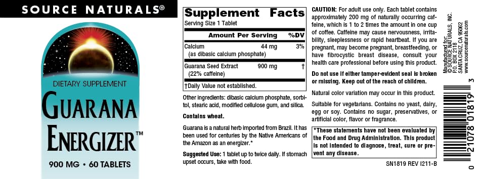 Source Naturals Guarana Energizer, Dietary Supplement - Supports A Long Lasting Energy Boost* - 900 mg - 60 Tablets