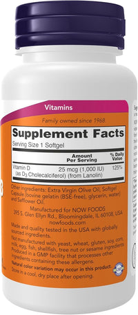 Thumbnail for NOW Foods, Vitamin D-3, High Potency, 1,000 IU, 180 Softgels