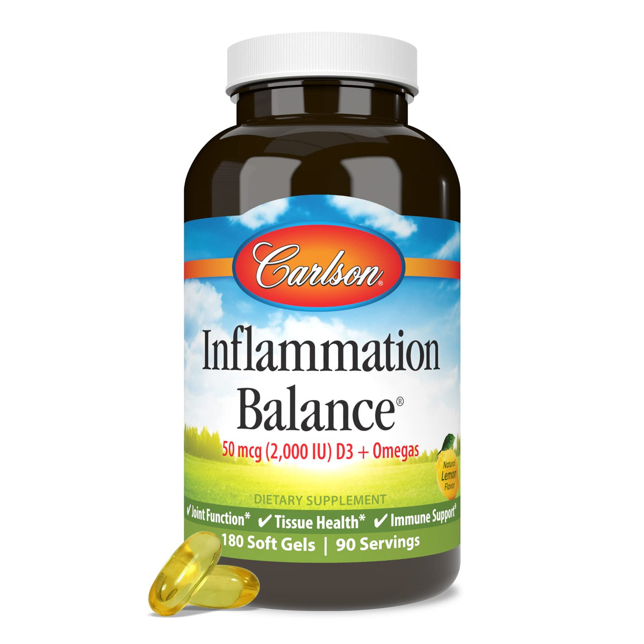Carlson - Inflammation Balance, Balanced Omega-3 & Omega-6 Ratio, with D3, Norwegian, Wild-Caught Fish Oil Supplement with Fatty Acids, Sustainably Sourced Fish Oil Capsules, 180 Softgels