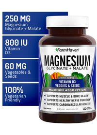 Thumbnail for FarmHaven Magnesium Complex –Magnesium Glycinate & Malate w/Vitamin D3, 100% Chelated for Max Absorption, Vegetarian – Bone Health, Nerves, Muscles, 120 Capsules, 60 Days