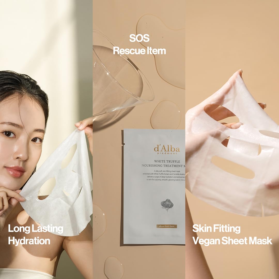 d'alba Piedmont Italian White Truffle Nourishing Mask 5pcs, Vegan Skincare, Nourishing Sheet Mask for Dry and Tired Skin, Deep Hydration, Korean Skin Care (5 Sheets)