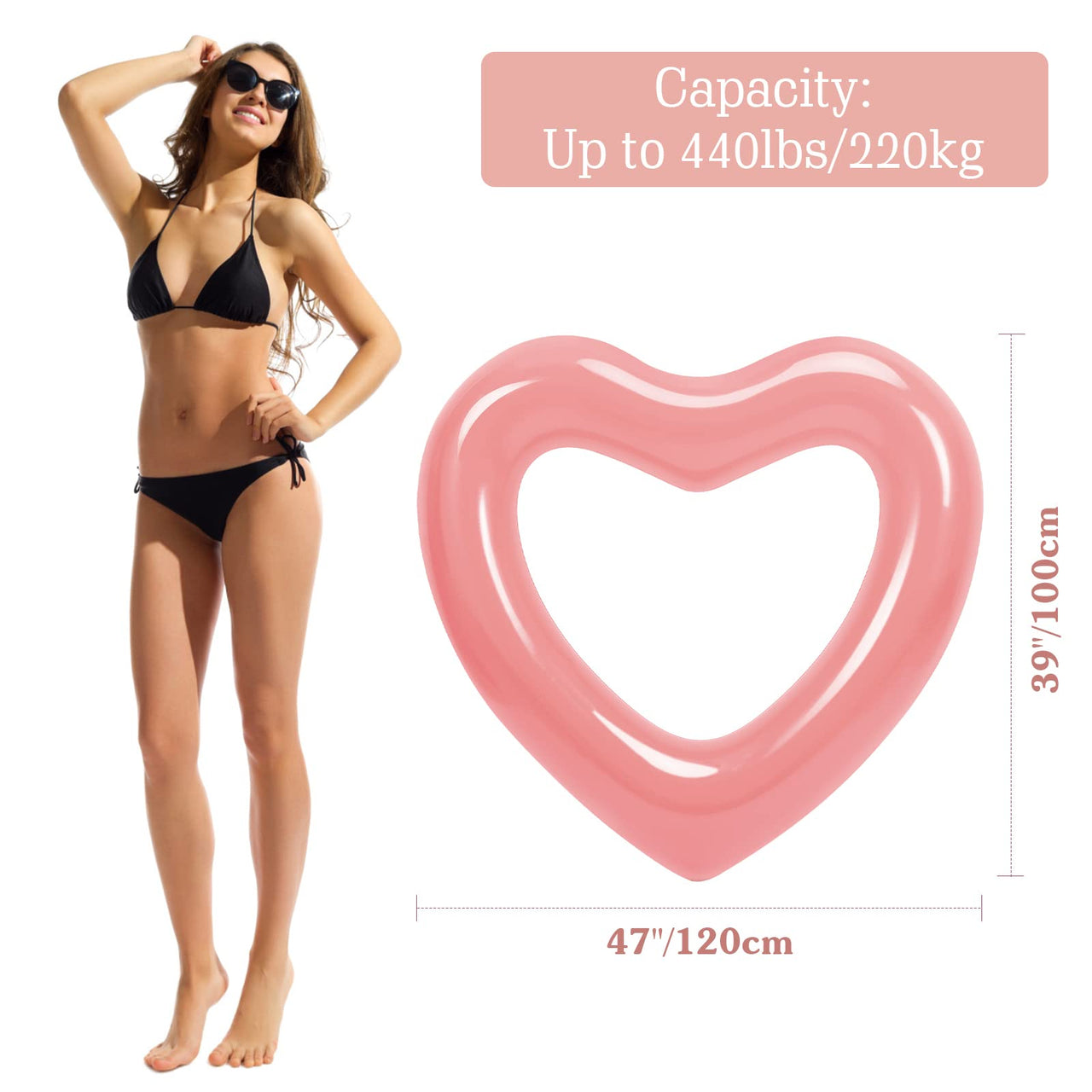 HeySplash Pool Floats, Adult Size Heart Inflatable Pool Floatie for Bachelorette Party, Swim Tube Rings, River Lake Beach Floaty, Wedding Bride Valentine Decor, Fun Toy Raft Lounge, Rose Gold