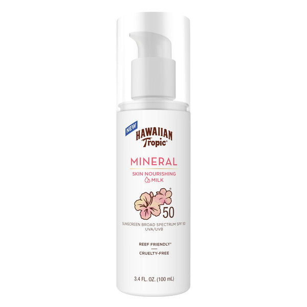 Hawaiian Tropic Skin Nourishing Milk Mineral Sunscreen Lotion SPF 50, 3.4Fl Oz | Travel Size Sunscreen Zinc Oxide, Sun Milk, Mineral Sunblock SPF 50, Oxybenzone Free, 3.4Fl Oz