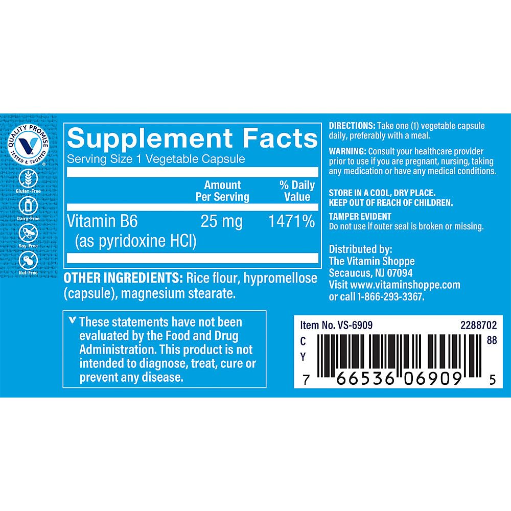 The Vitamin Shoppe Vitamin B6 25 MG - Brain Health, Mood Support & Protein Metabolism, Daily B Vitamin (100 Vegetable Capsules)