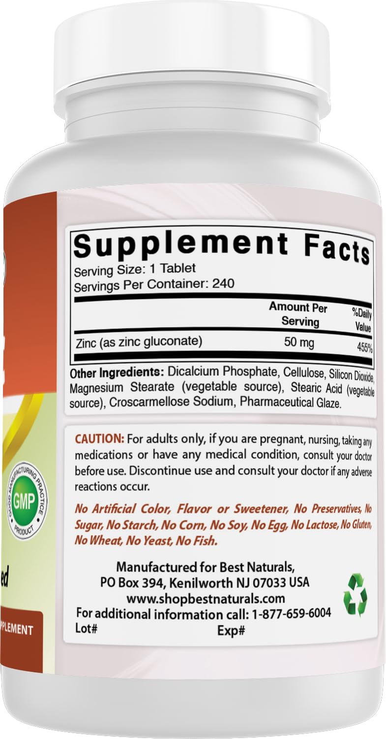 Best Naturals Zinc Supplement as Zinc Gluconate 50mg 240 Tablets - Immune Support