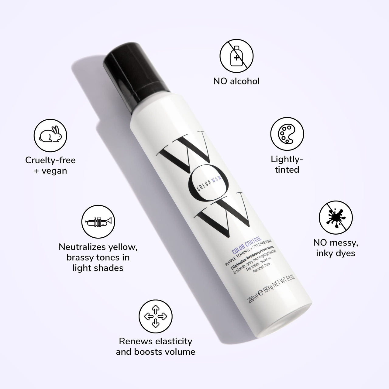 COLOR WOW Color Control Purple Toning + Styling Foam – Instantly rids Blonde & Gray hair of brassy, yellow tones, Alcohol free, crunch free styling