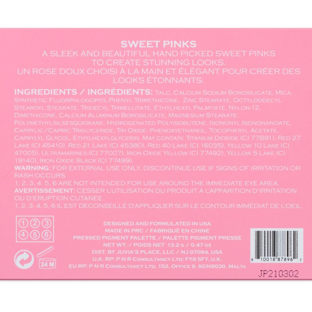 Juvia's Place Palette The Sweet Pinks - Deep Fuchsia, Soft & Sweet Pink, Shades of 6, Pressed Pigments Palette, Professional Makeup, Pigmented Pan Palette, Makeup Palette for Color & Shine