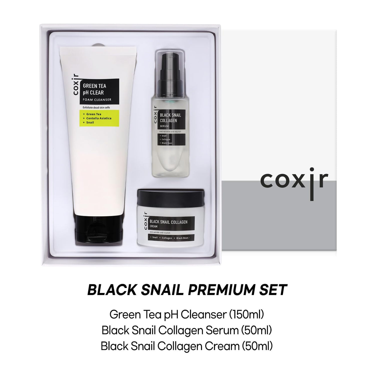 coxir BLACK SNAIL GIFT SET | Birthday Gifts | Foam Cleanser+Serum+Cream | Black Rice, Snail Mucin, Collagen, Peptide | Firming, Moisturizing, Repairing, Korean Skin Care