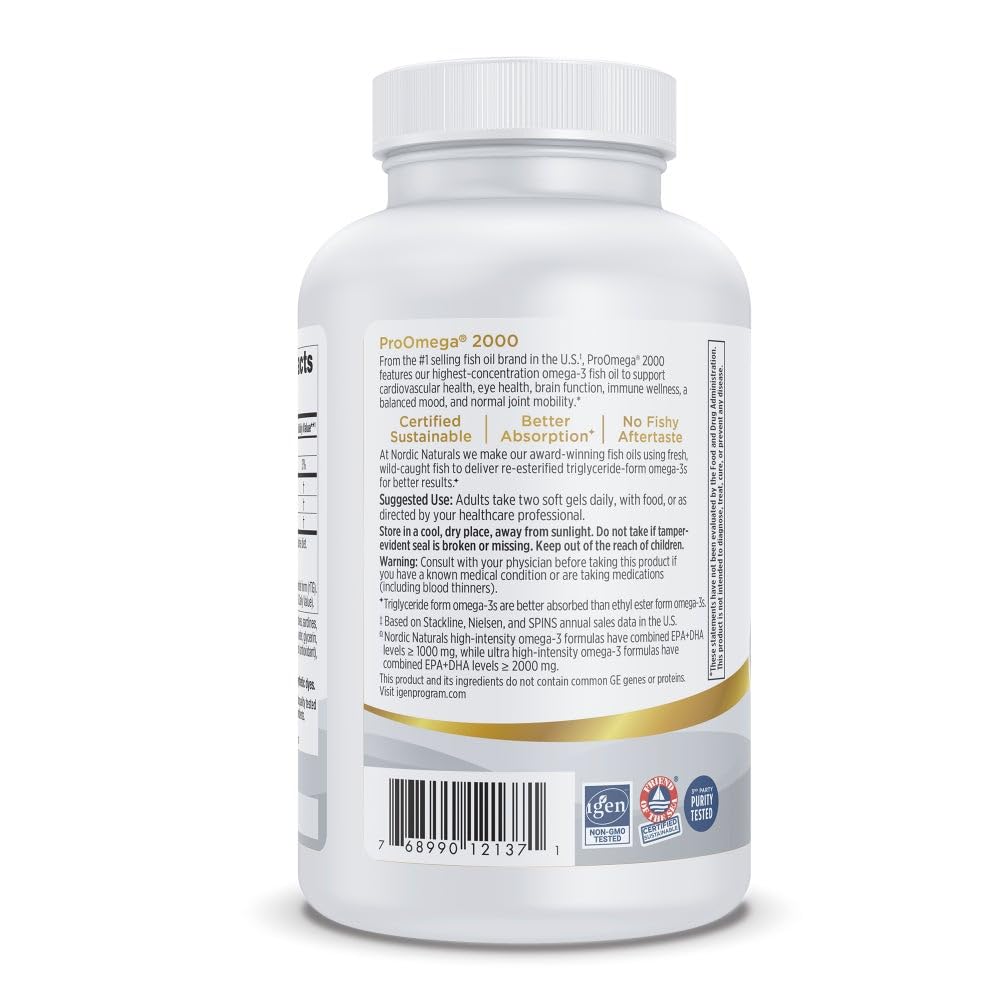 Nordic Naturals ProOmega 2000, Lemon Flavor - 120 Soft Gels - 2150 mg Omega-3 - Ultra High-Potency Fish Oil - EPA & DHA - Promotes Brain, Eye, Heart, & Immune Health - Non-GMO - 60 Servings
