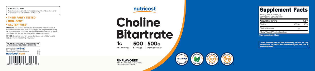 Nutricost Pure Choline Bitartrate Powder 500 Grams