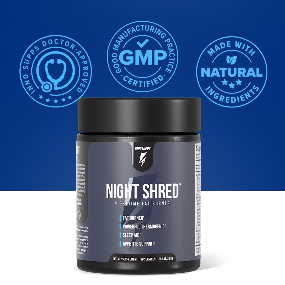 InnoSupps Night Shred Fat Burner and Natural Sleep Support | Ashwaganda, 5-HTP, CLA, Melatonin | Appetite Suppressant | Weight Loss Support Nighttime Fat Burning (60 Vegetarian Capsules)