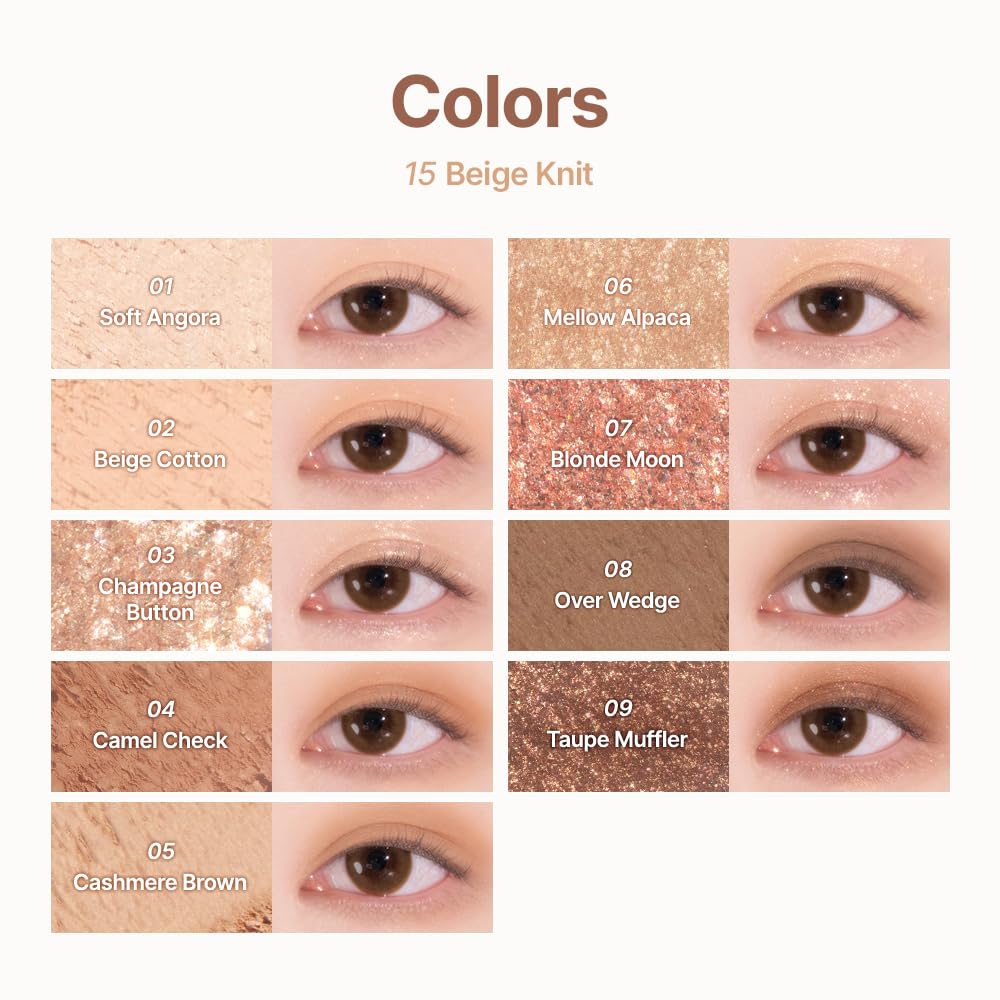 dasique Shadow Palette #15 Beige Knit l Vegan, Cruelty-Free l 9 Blendable Shades in Smooth Matte and Shimmer Finishes with Gorgeous Pearls