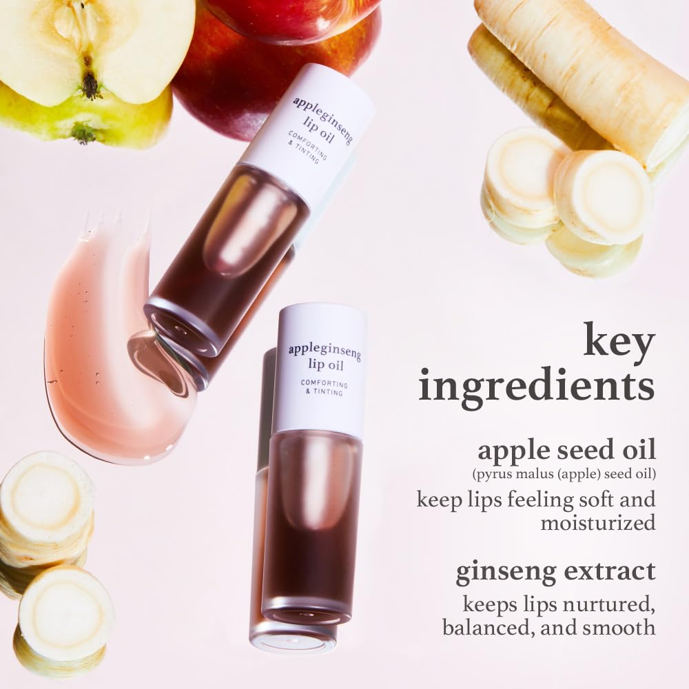 NOONI Korean Vegan Lip Oil - Appleginseng | Lip Stain, Gift, Long-Lasting, Moisturizing, Plumping, Revitalizing for Dry Lips, Waterproof, No Peel Off, Mother's Day, 0.12 Fl Oz