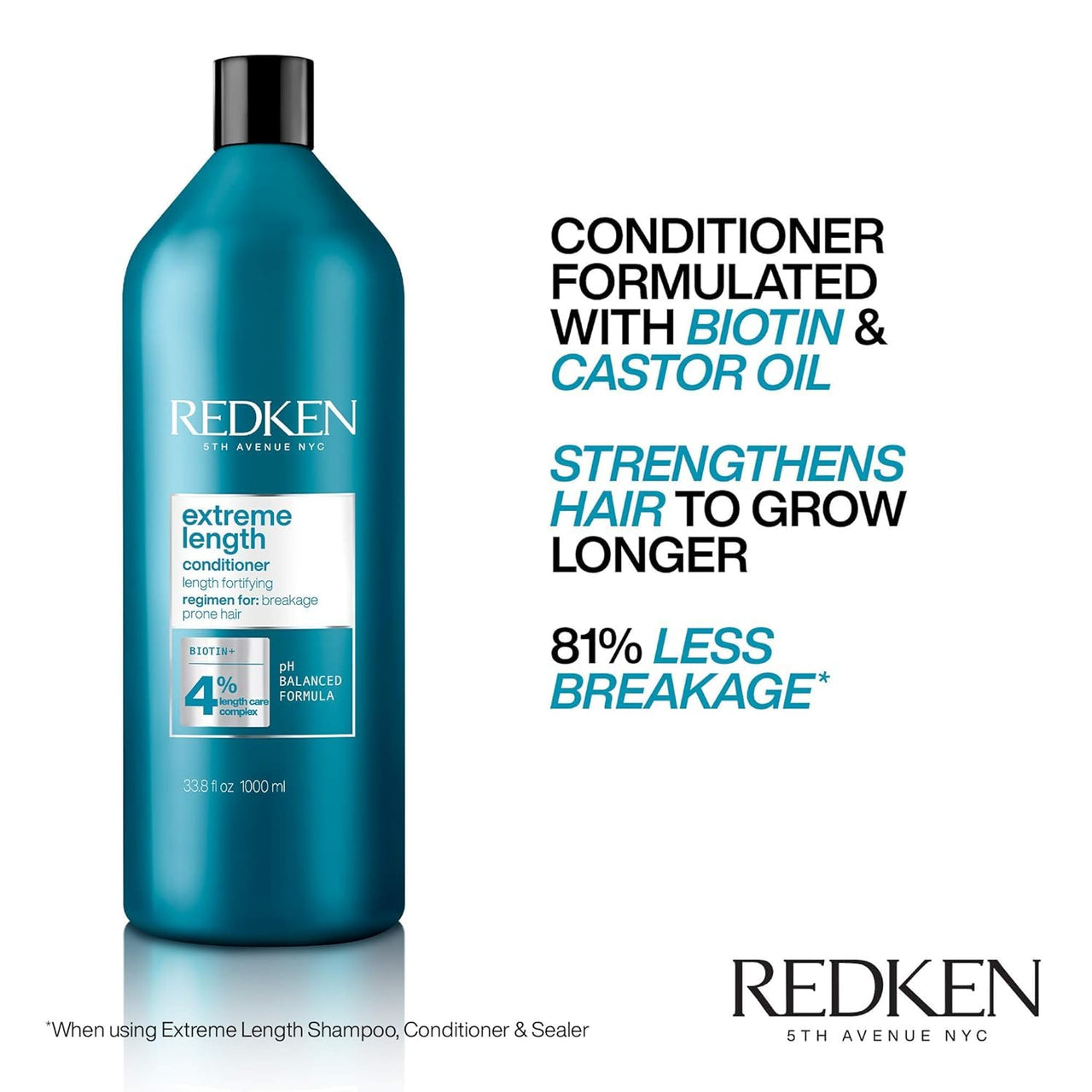 Redken Extreme Length Conditioner For Damaged Hair - Fortifies, Strengthens and Conditions Hair, Infused With Biotin & Castor Oil For Hair Growth, 33.8 Fl Oz