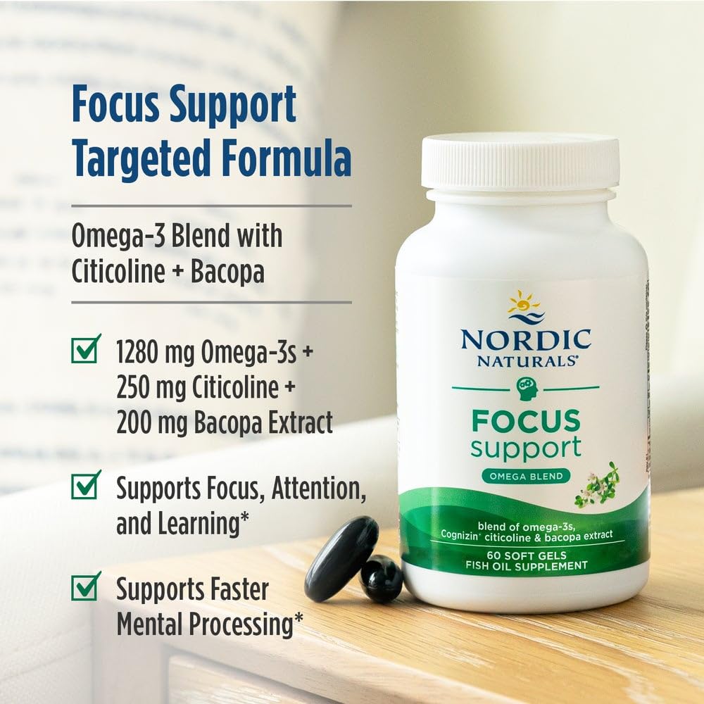 Nordic Naturals Omega Focus, Lemon - 60 Soft Gels - 1280 mg Omega-3 + Citicoline & Bacopa Monnieri Extract - Focus, Attention, Memory, Brain Health - Non-GMO - 30 Servings