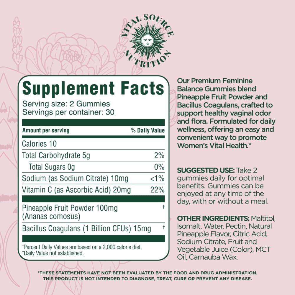Vital Source Nutrition - Premium Feminine Balance Gummies - for Women’s Health & Wellness - Immune Support - Vegan, Gluten-Free - Hawaiian Pineapple - 60 Gummies - 30 Servings