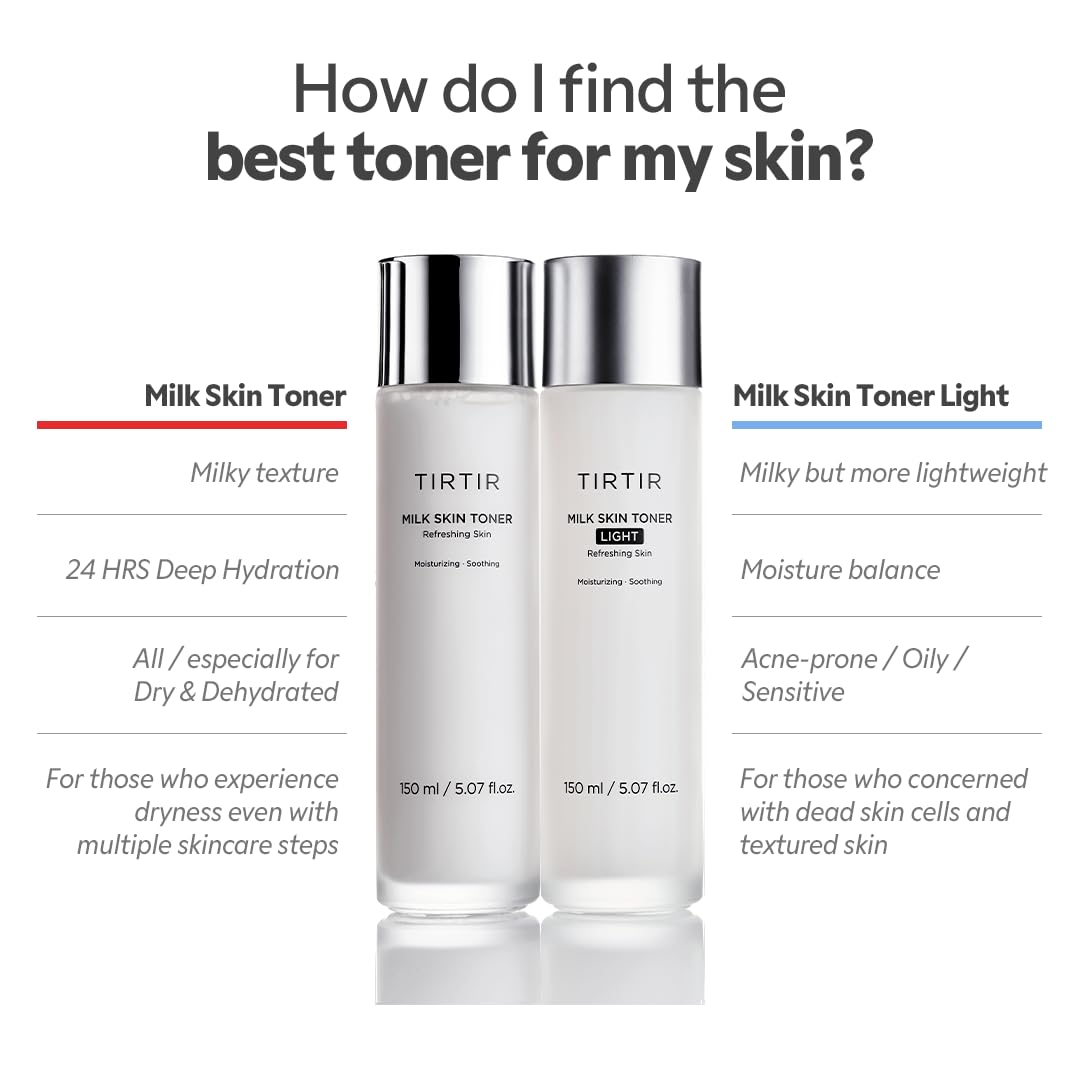 TIRTIR Milk Skin Rice Toner Light | Instant Hydration with 4% Niacinamide, Pantenol, Lightweight, Pore-Tightening, Vegan, Acne-Prone, Oily Skin, Fungal Acne Safe, Korean Skin Care, 5.07 Fl Oz