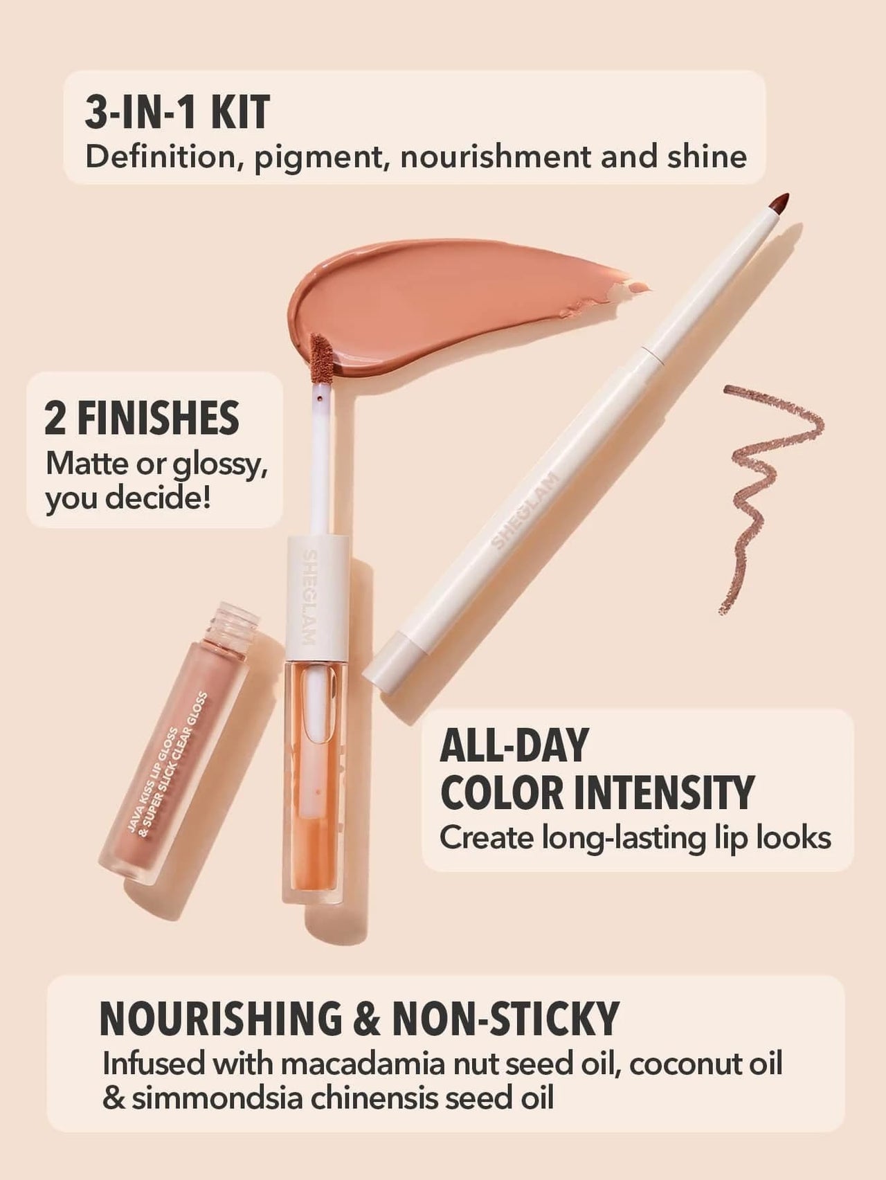 SHEGLAM Soft 90'S Glam 3-In-1 Lip Liner Moisturizing Plant Extracts Long Lasting Liquid Lipstick Plumping Lip Gloss Makeup Set - Haute Cocoa