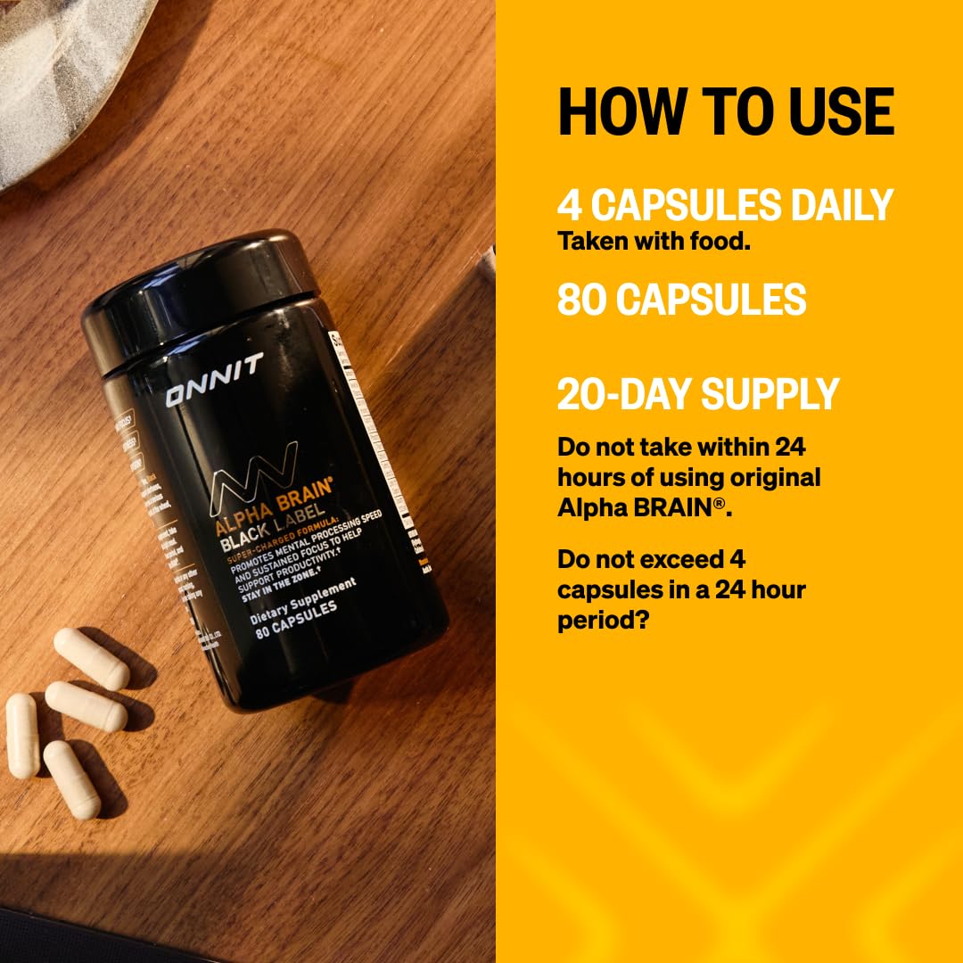 ONNIT Alpha Brain Black Label Capsules, IGEN Non-GMO Tested Citicoline Brain Supplement for Concentration and Memory, Lion’s Mane, Lutemax Lutein, L Theanine and Mucuna Pruriens, 80 Count