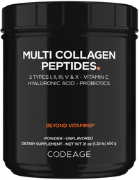 Thumbnail for Codeage Multi Collagen Peptides + Probiotics Black Edition, Vitamin C, Hyaluronic Acid Powder Supplement, Grass-Fed, Pasture-Raised, Hydrolyzed, Zero Carbs, Type I, II, III, V & X, Unflavored, 21oz