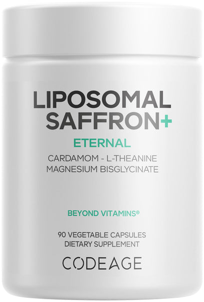 Codeage Liposomal Saffron+ Supplement - Saffron Extract, Magnesium, L-Theanine, Cardamom, BioPerine - 3-Month Supply - Kesar Spice, Liposomal Delivery - Non-GMO - 90 Capsules