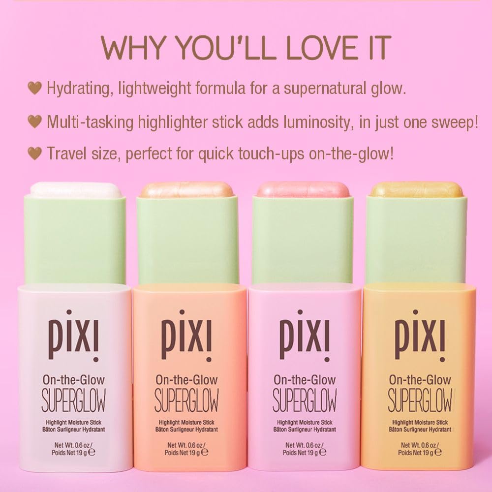 Pixi On-the-Glow SuperGlow | Shade GildedGold | Hydrating Highlighter Stick with Ginseng, Aloe Vera & Fruit Extracts | For Cheeks & Brow Bones | 19g / 0.6oz | Paraben-Free Luminous Natural Highlight