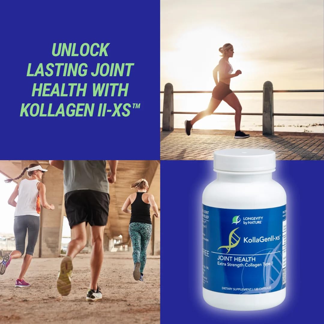 Longevity by Nature Extra Strength KollaGen II-XS- Collagen Type II with Hyaluronic Acid, Chondroitin, and Glucosamine â€“ Joint Support, 120 Capsules.