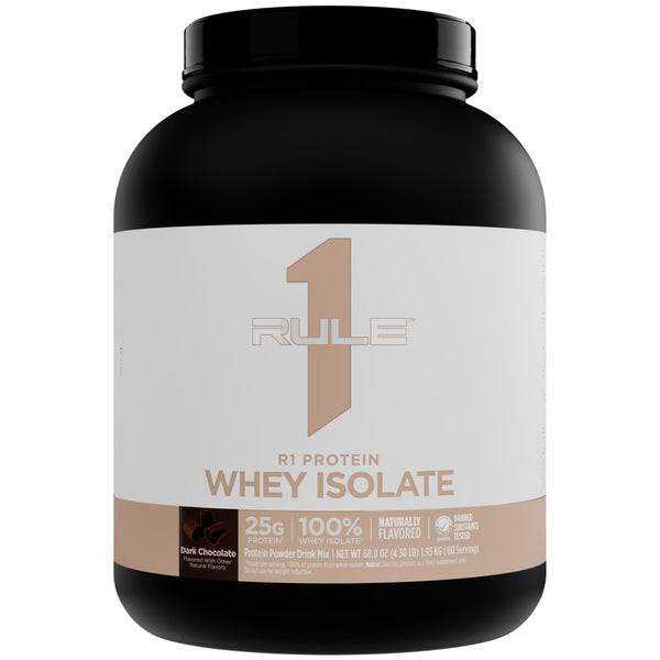Rule 1 Naturally Flavored R1 Protein Whey Isolate - Clean Formula with 25g Protein & 6g BCAA Exclusively Isolated & Hydrolyzed Sources for Workout Recovery (4.3 Pounds, Dark Chocolate)