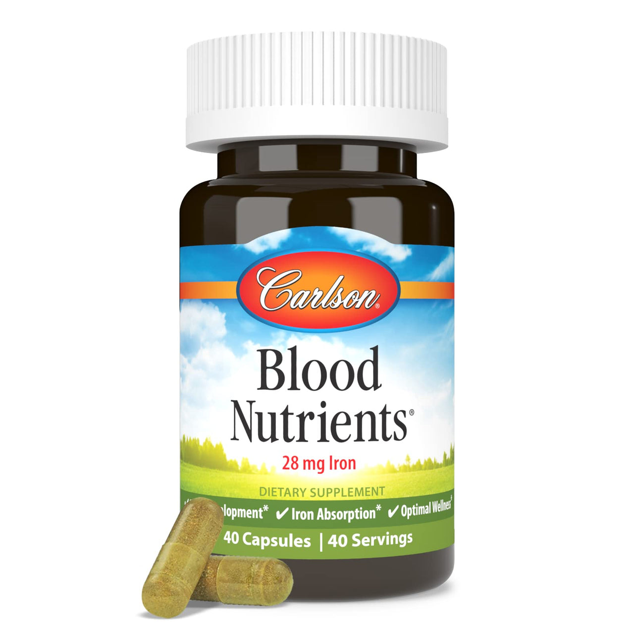 Carlson - Blood Nutrients, 28 mg Iron, Blood Development, Iron Absorption & Optimal Wellness, 40 Capsules