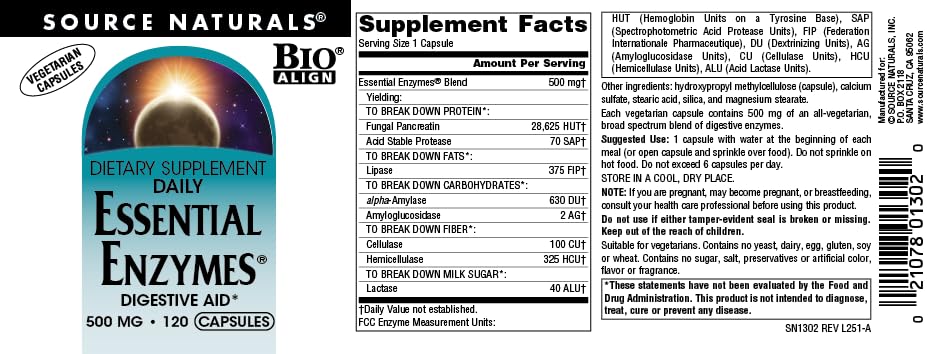 Source Naturals Essential Enzymes 500mg Bio-Aligned Multiple Enzyme Supplement Herbal Defense for Digestion, Gas, Constipation & Bloating Relief - Supports Immune System* - 120 Vegetarian Capsules