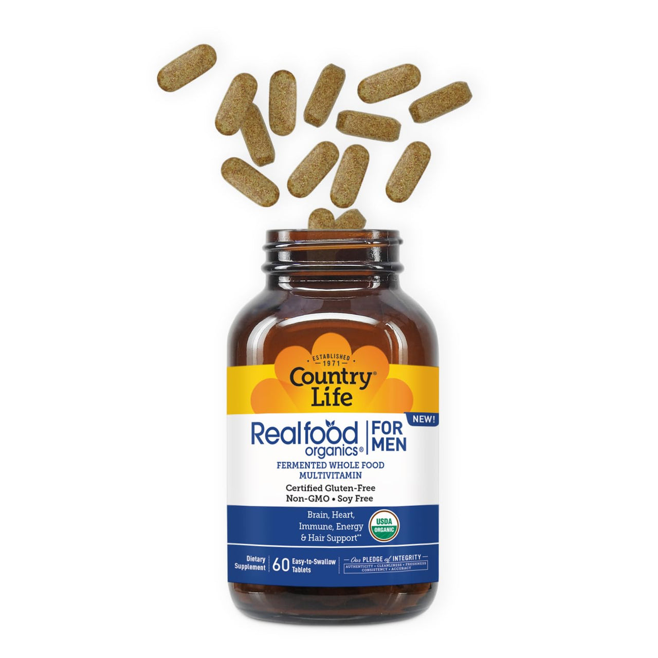 Country Life RealFood Organics for Men – 60 Tablets | 1,300mg Organic Fermented Whole Foods, 7-Mushroom Superfood & Aloe – Certified Gluten-Free, Vegan & USDA Organic Multivitamin