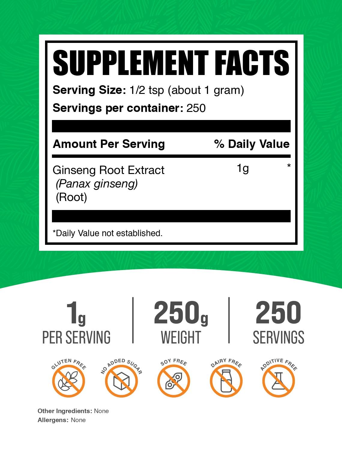 BulkSupplements.com Ginseng Root Extract Powder - Panax Ginseng Supplement, Herbal Supplement - Vegan & Gluten Free, 1g per Serving, 250g (8.8 oz) (Pack of 1)