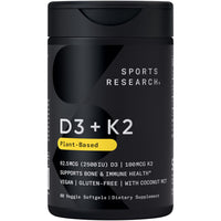 Thumbnail for Sports Research® Vitamin D3 + K2 w/Coconut Oil - Vegan Vitamin D 2500iu (62.5mcg) & Mk7 Vitamin K 100mcg for Bone & Immune Support - Vegan Certified · Non-GMO · Soy Free - 60 Softgels