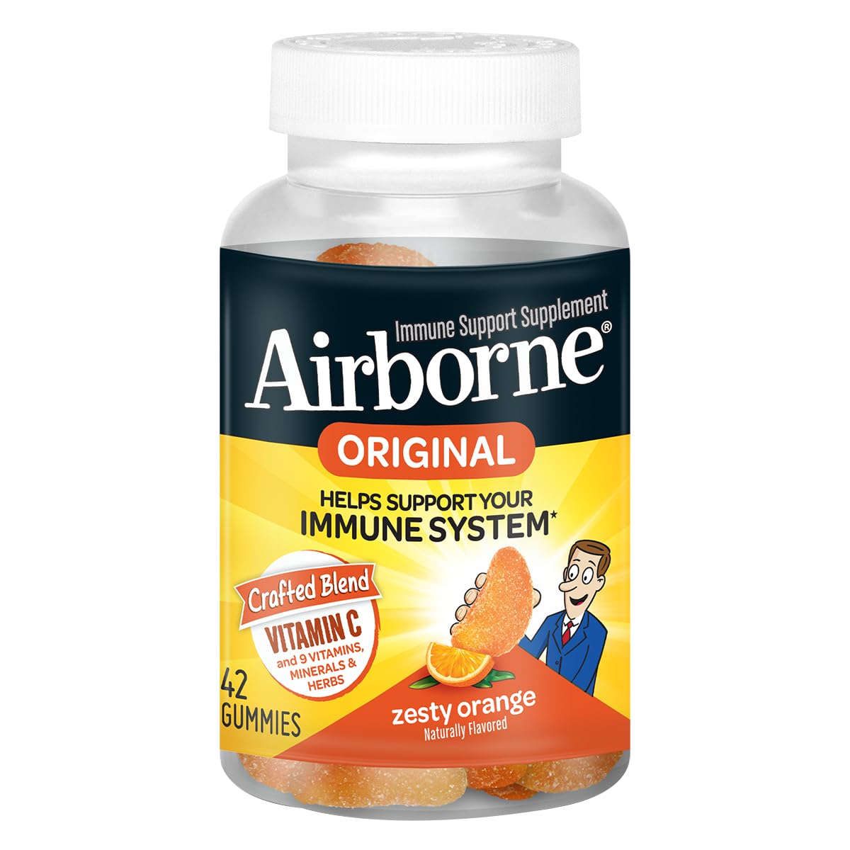 Airborne Vitamin C 750mg (per Serving) Zesty Orange Flavored Gummies (42 Count in a Bottle), Gluten-Free Immune Support Supplement with Vitamins A C E, Selenium, Echinacea, Ginger, Antioxidant