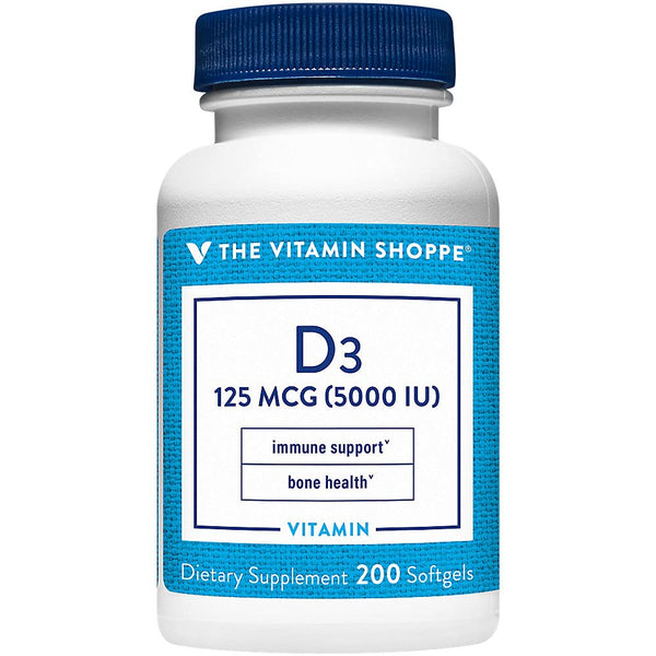 The Vitamin Shoppe Vitamin D3 5000IU - Bone Immune & Cellular Health | Cholecalciferol Softgels | 200 Softgels | Gluten-Free