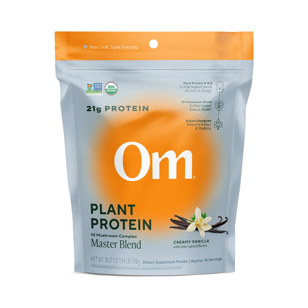 OM MUSHROOM SUPERFOOD Master Blend Vegan Protein â€“ Creamy Vanilla Plant Protein with 10 Mushrooms, Ashwagandha, BCAAs & B12 â€“ Energy, Recovery & Immune Support â€“ 1.2 lb (16 Servings)