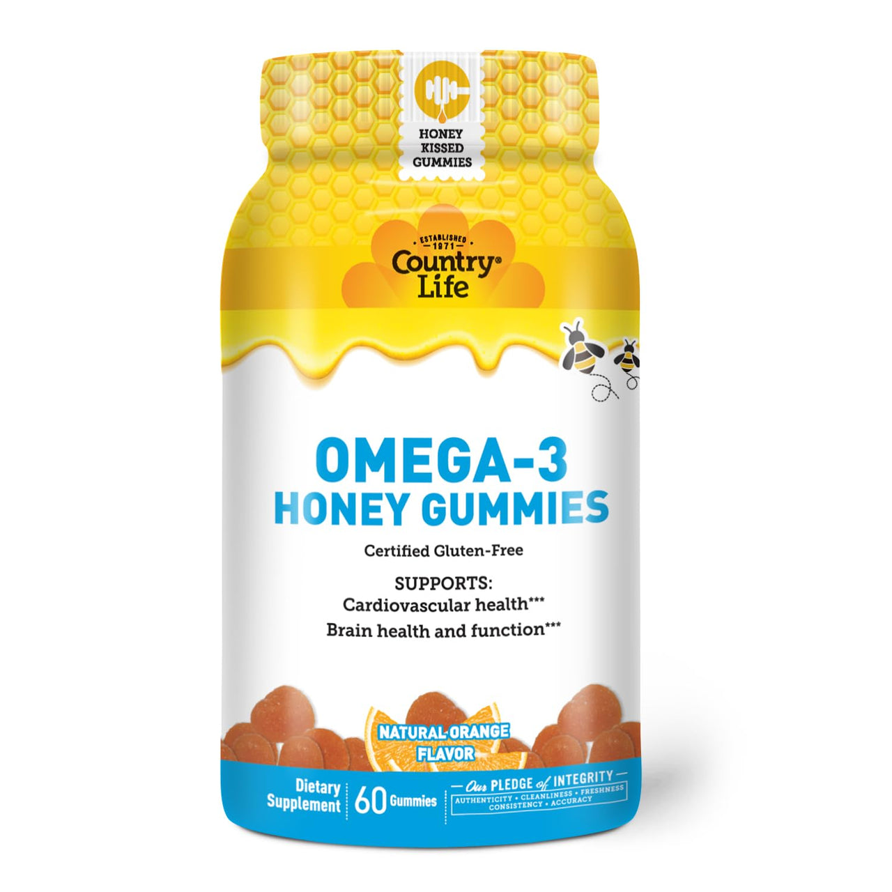 Country Life Omega-3 Honey Gummies – Cardiovascular & Brain Health Support – Non-GMO, Certified Gluten Free – Naturally Sweetened – 60 Gummies