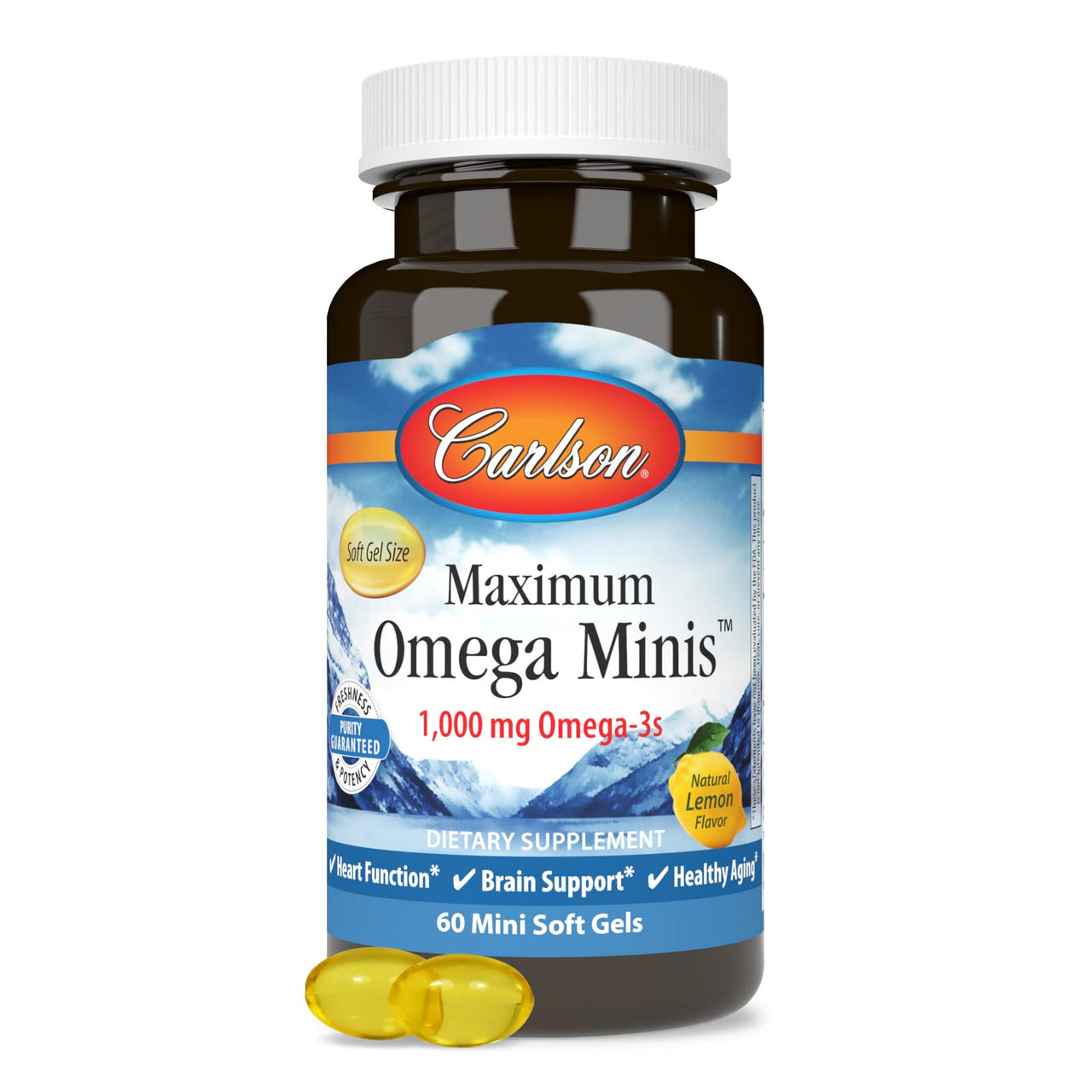 Carlson - Maximum Omega Minis, 1000 mg Omega-3s, Heart Function, Brain Support & Healthy Aging, Lemon, 60 Mini Softgels
